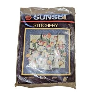 NEW 1985 VTG SUNSET STITCHERY CREWEL TULIP BOUQUET EMBOIDERY KIT  GRANNY